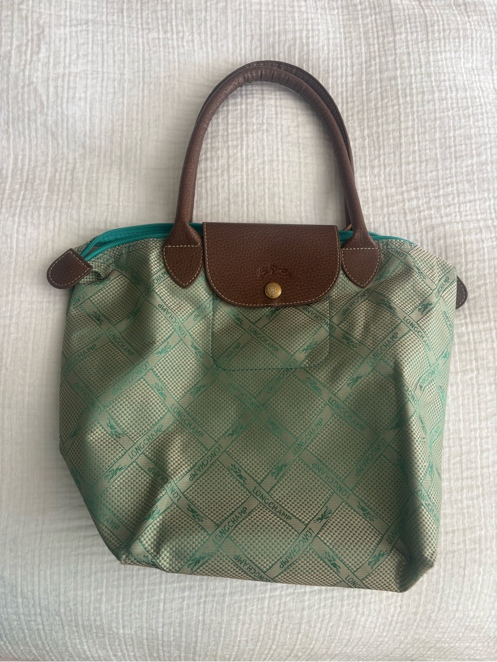Longchamp Green Patterned Nylon Tote with Brown Leather Trim